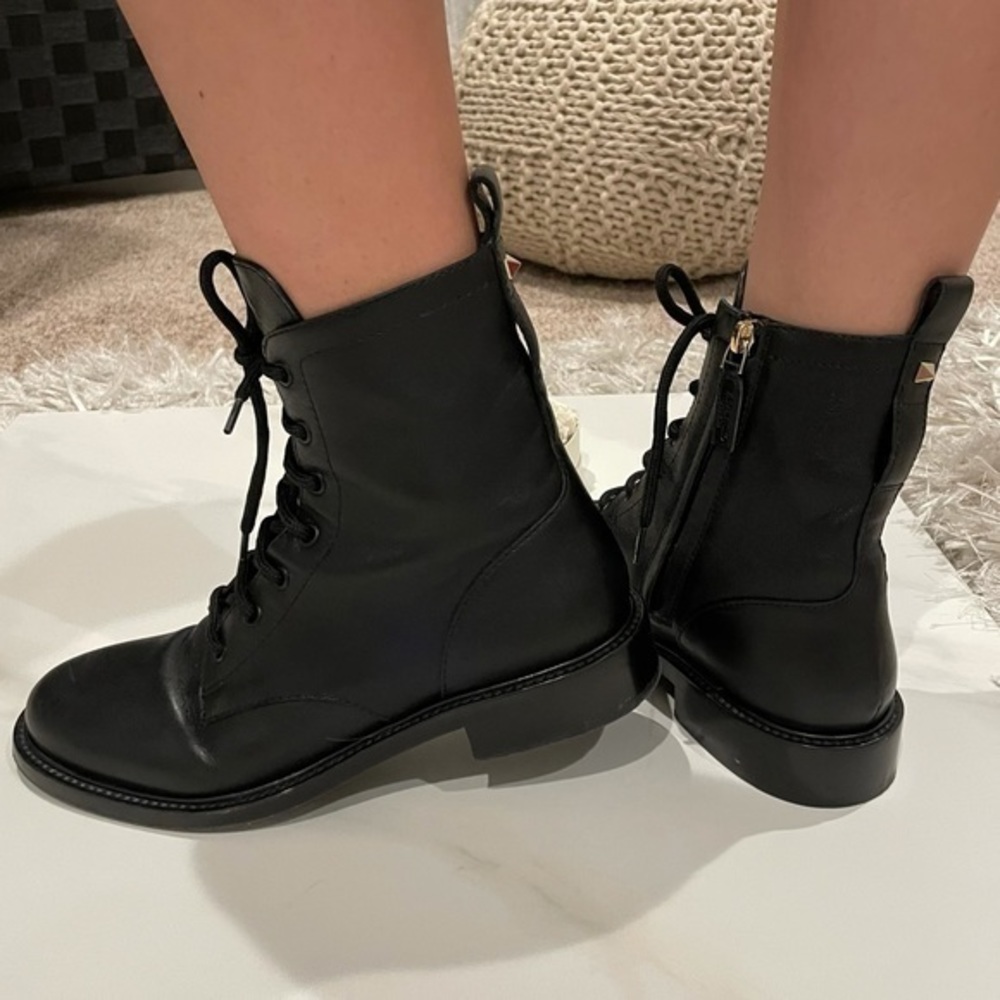 Valentino Garavani Zippered Logo Studded Back Black Leather Combat Boots